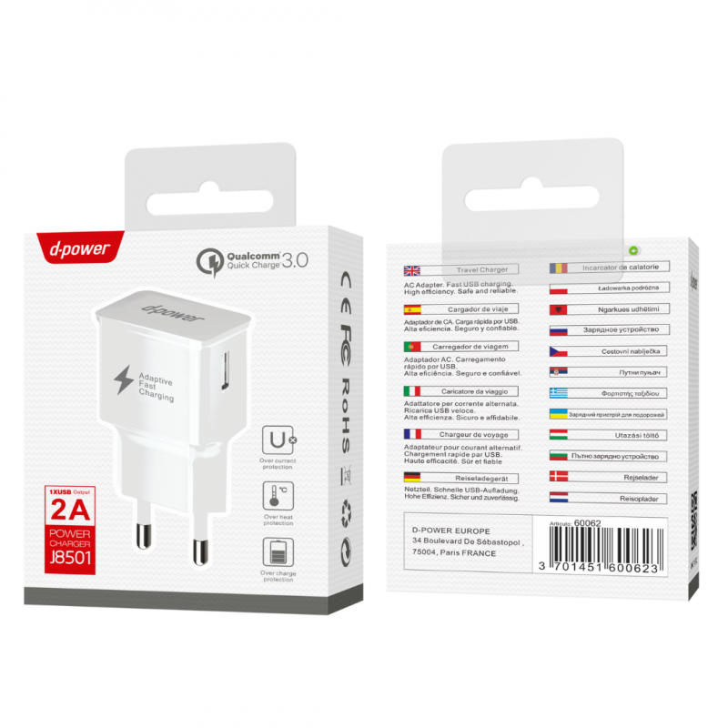 Adaptateur Secteur USB à Recharge Rapide - D-power J8501 - Blanc — D-power · Smarty Paris 18e